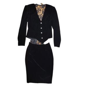 Vtg 80s 7/8 Karen Okada Climax David Howard Velvet 2 Piece Suit Lace V Neck